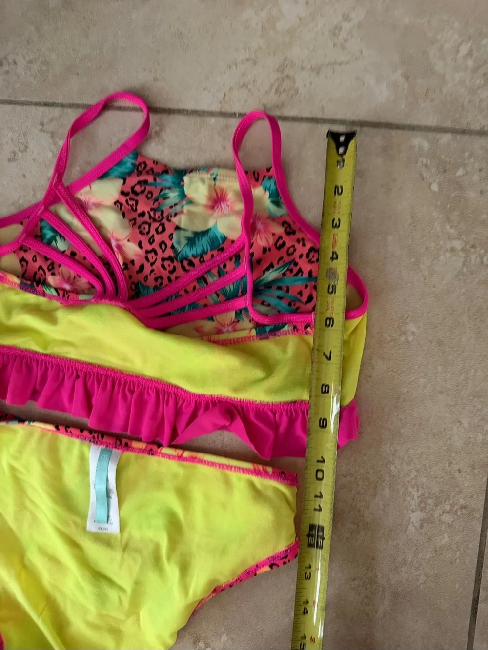 Girls' Neon Pink Tropical Ruffle Bikini Set